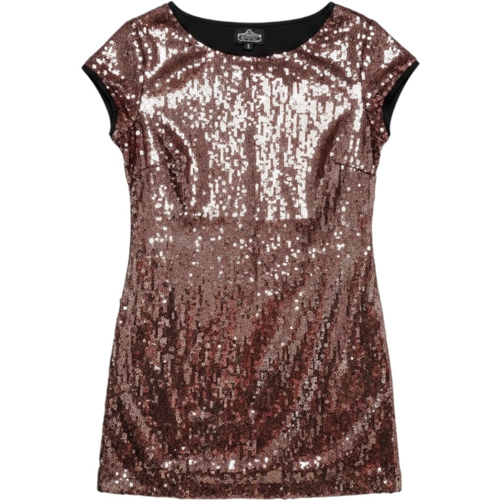 Angie Sequin Dress Sz S Pink Rose Gold Black Cap Sleeve‎ Party Club Glam